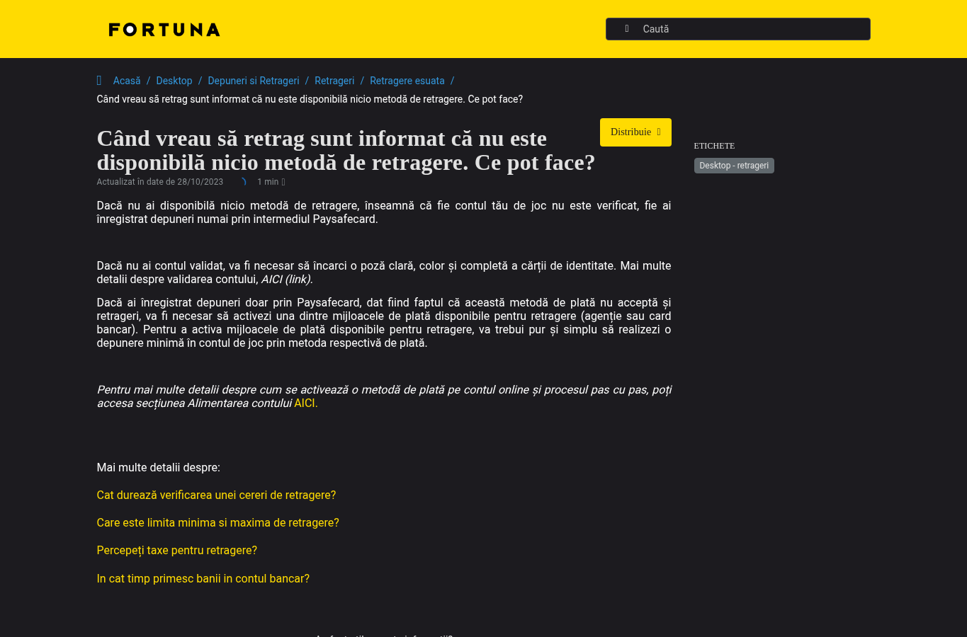 Ajutorul oficial Fortuna despre retragerea prin transfer bancar