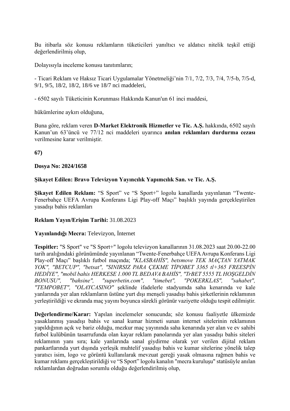 Turkiye Advertising Board bulletin page naming POKERKLAS
