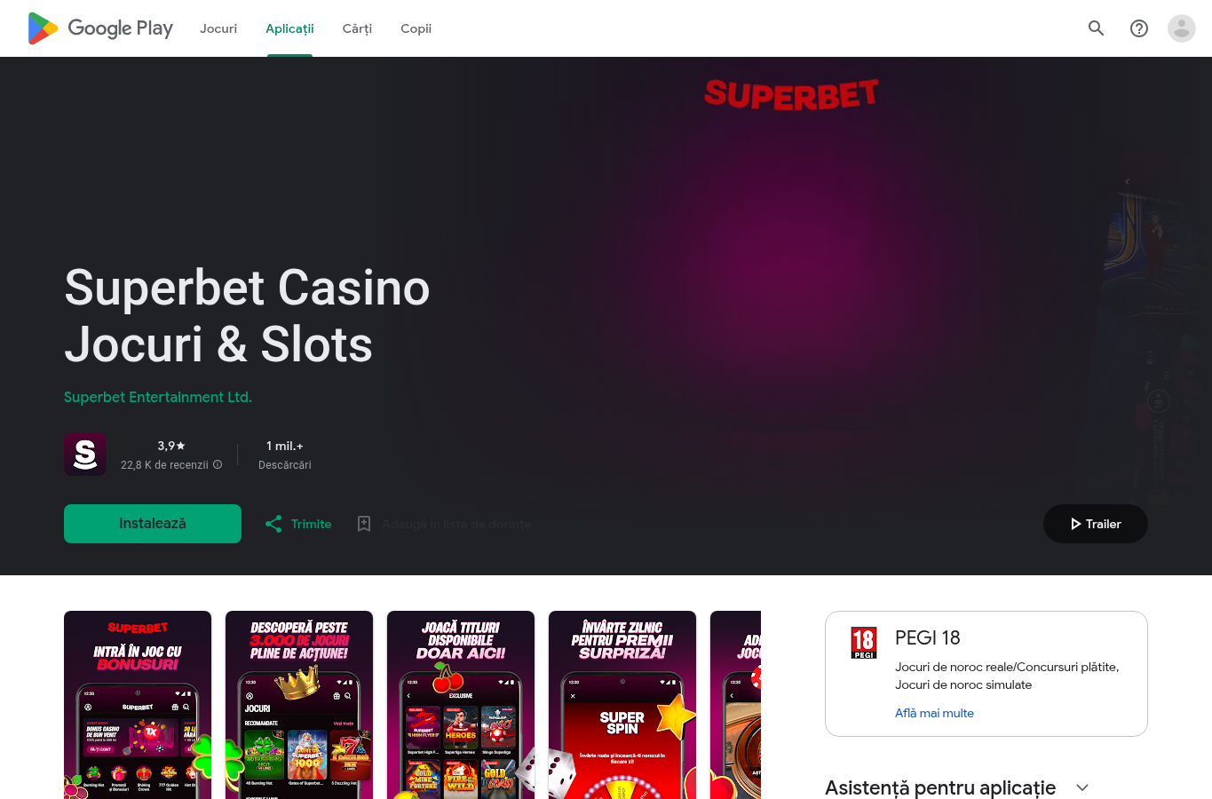 Listarea aplicației Superbet Casino în Google Play România