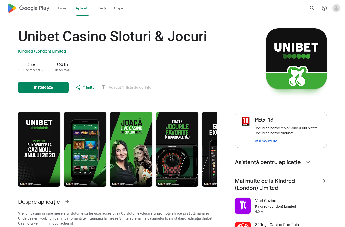 Listarea Unibet Casino în Google Play România